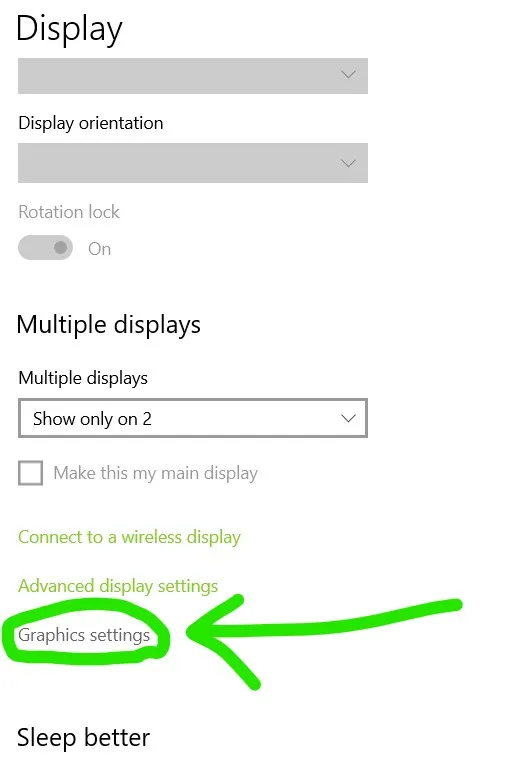 Anzeigeeinstellungen und die Option für Grafikeinstellungen in Windows