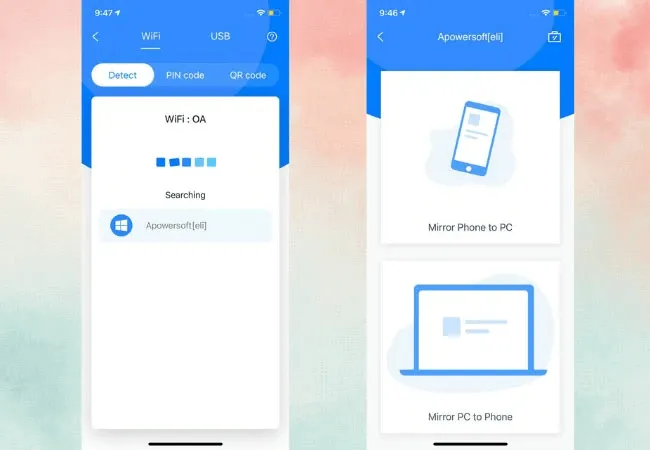 ApowerMirror-Option zur Spiegelung des Xiaomi-Bildschirms auf den PC.