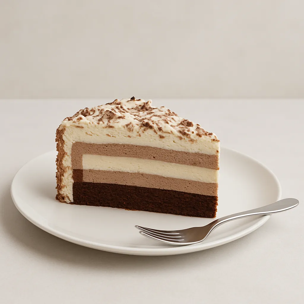 Appetitliches Stück einer mehrschichtigen bunten Sahnetorte mit luftiger Füllung auf weißem Teller serviert.