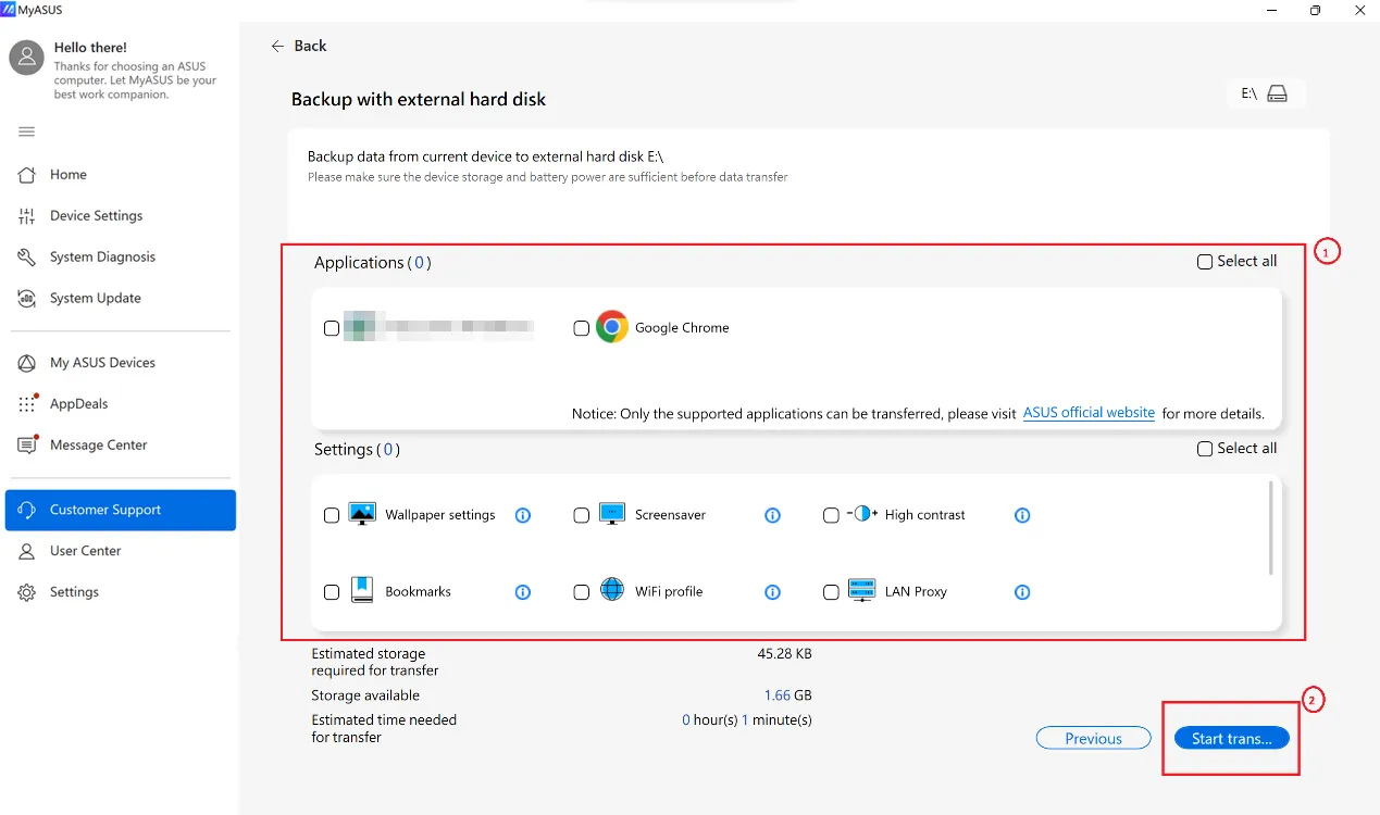 ASUS Switch Anwendungen und Einstellungen für Backup auswählen inklusive WinRAR