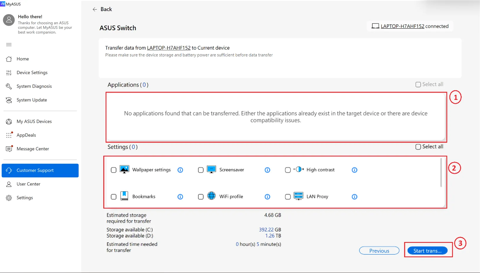 ASUS Switch Anwendungen und Einstellungen zur Übertragung auswählen inklusive WinRAR