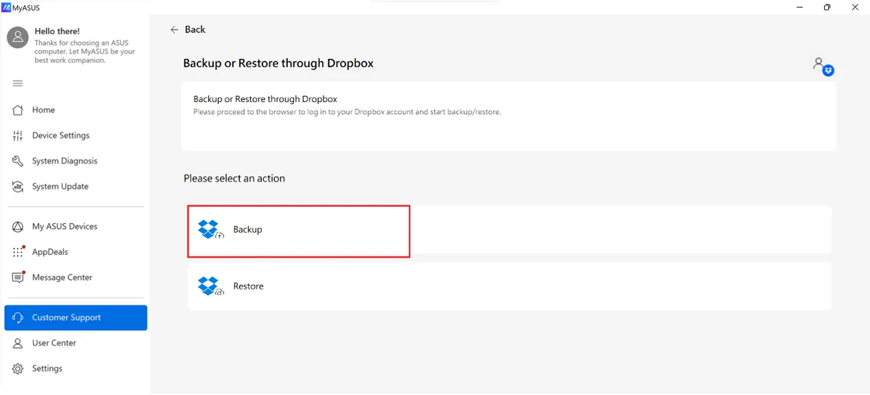 ASUS Switch Backup mit Dropbox starten