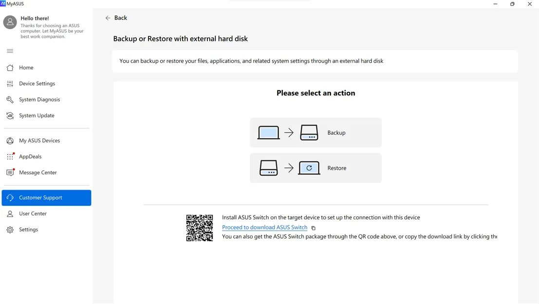 ASUS Switch Backup oder Restore Auswahl