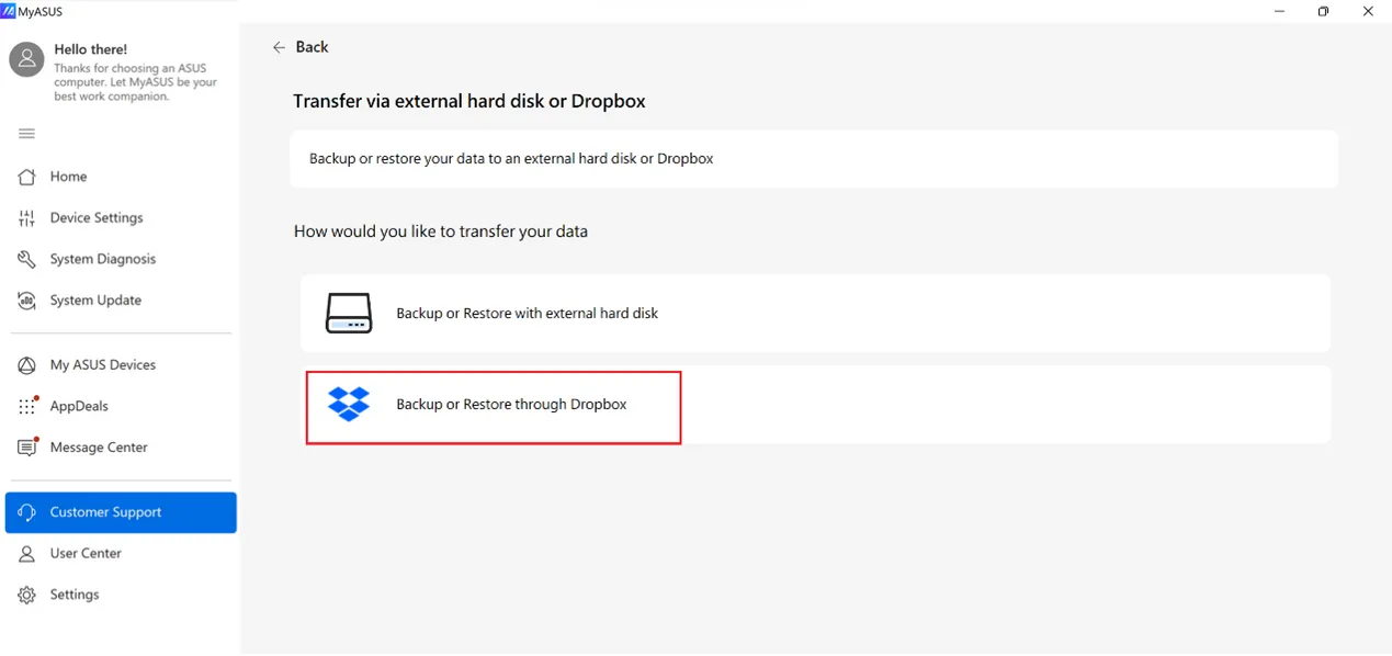 ASUS Switch Backup oder Restore via Dropbox wählen