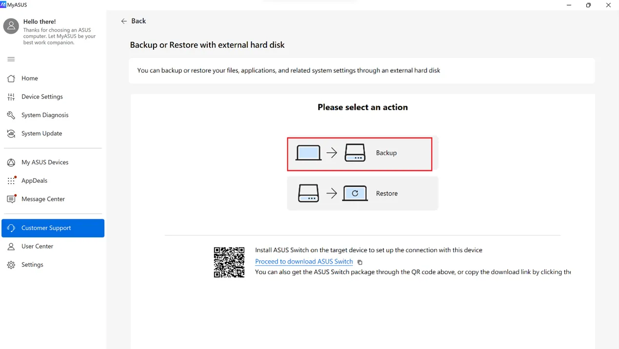 ASUS Switch Backup Option wählen