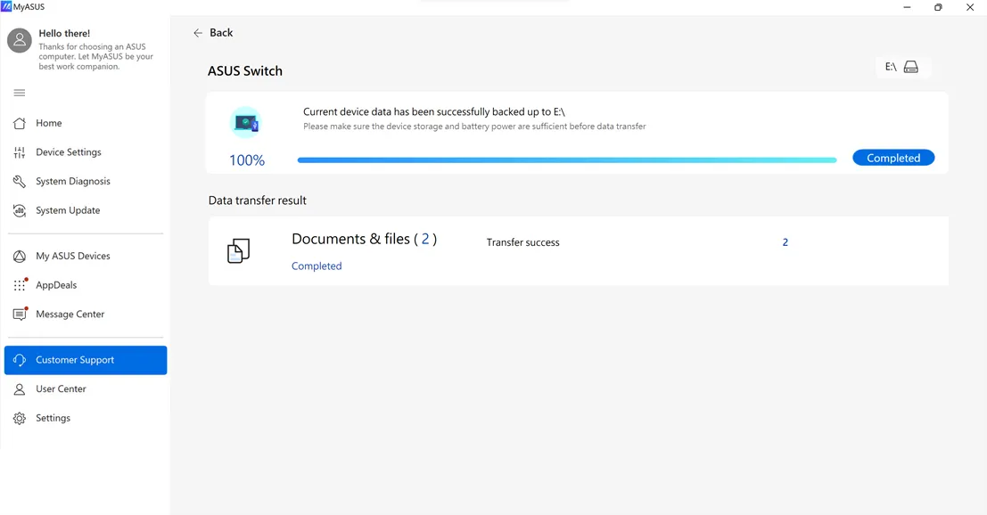 ASUS Switch Datenübertragung auf externe Festplatte abgeschlossen