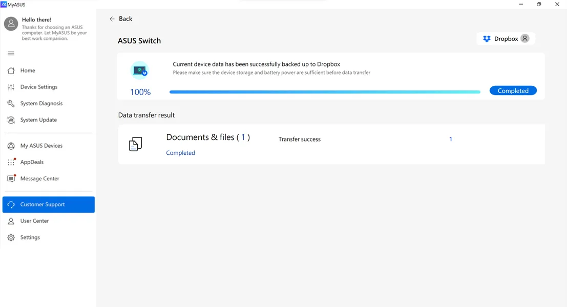 ASUS Switch Dropbox Datenübertragung abgeschlossen