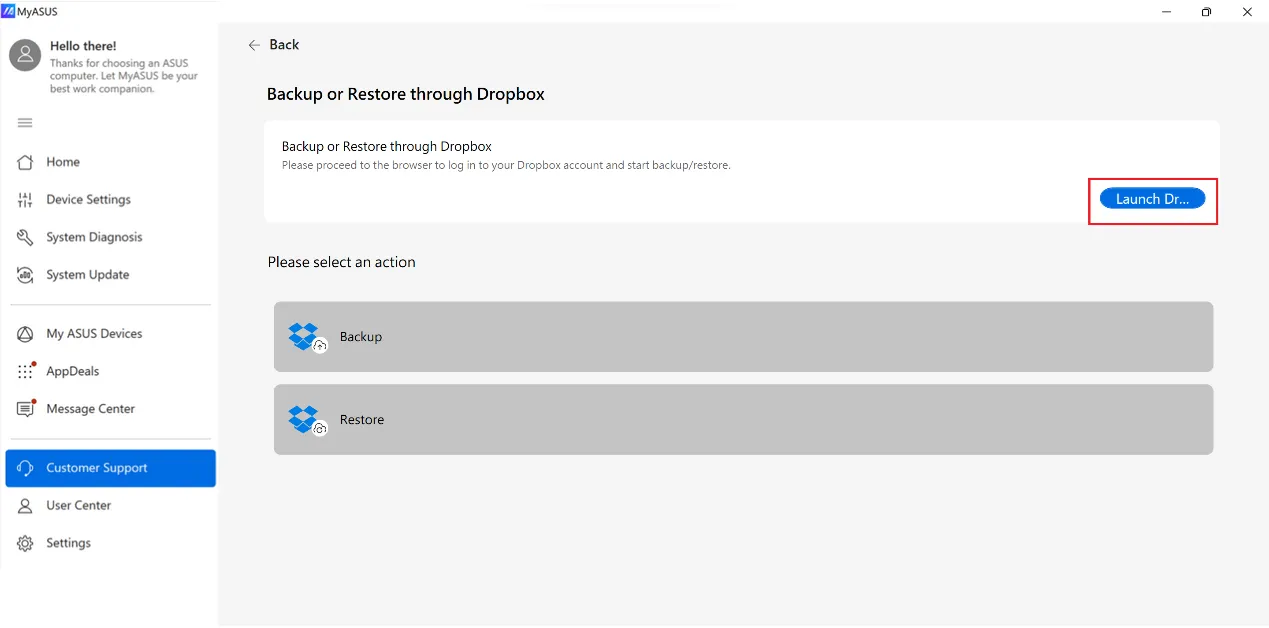 ASUS Switch Dropbox starten Button