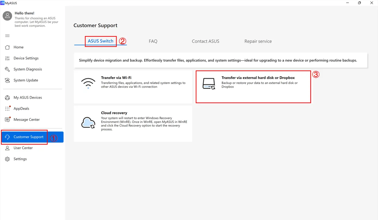 ASUS Switch externe Festplatte oder Dropbox Option auswählen