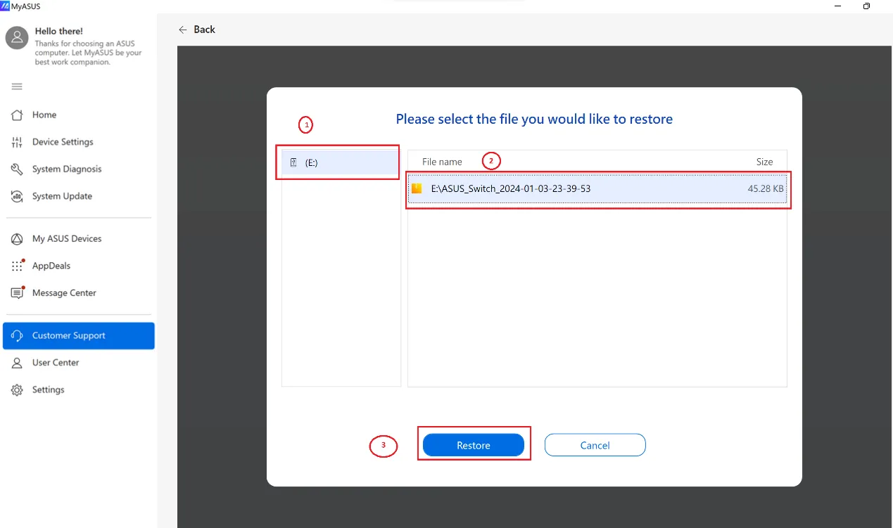 ASUS Switch externe Festplatte und Ordner für Wiederherstellung auswählen