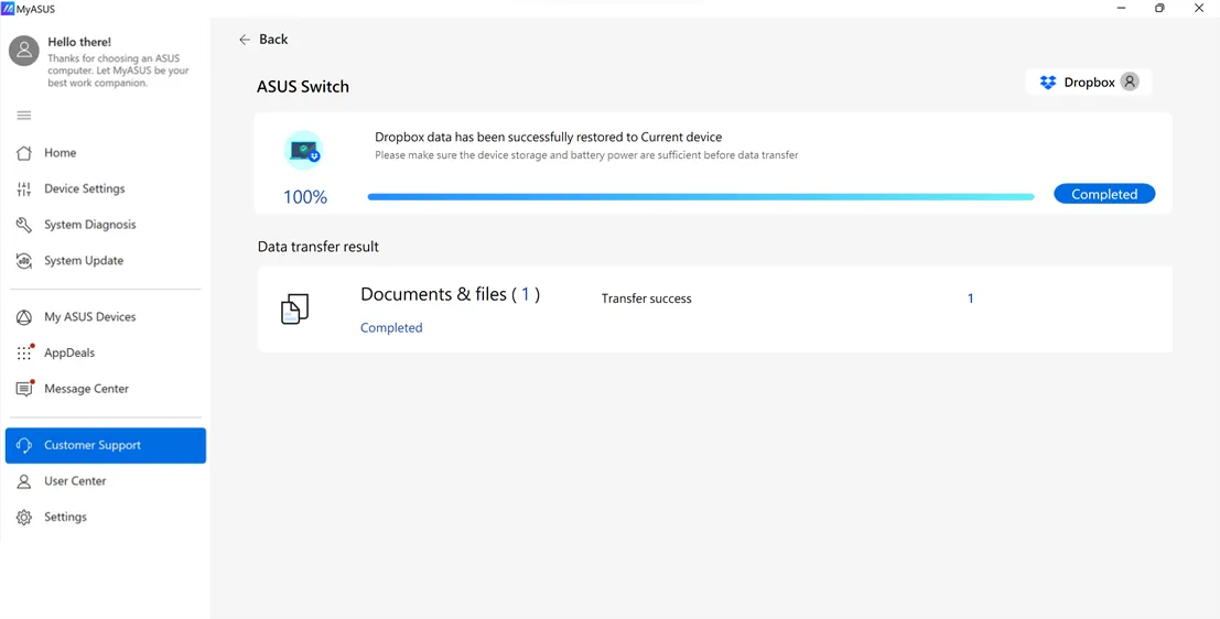 ASUS Switch Wiederherstellung von Dropbox erfolgreich
