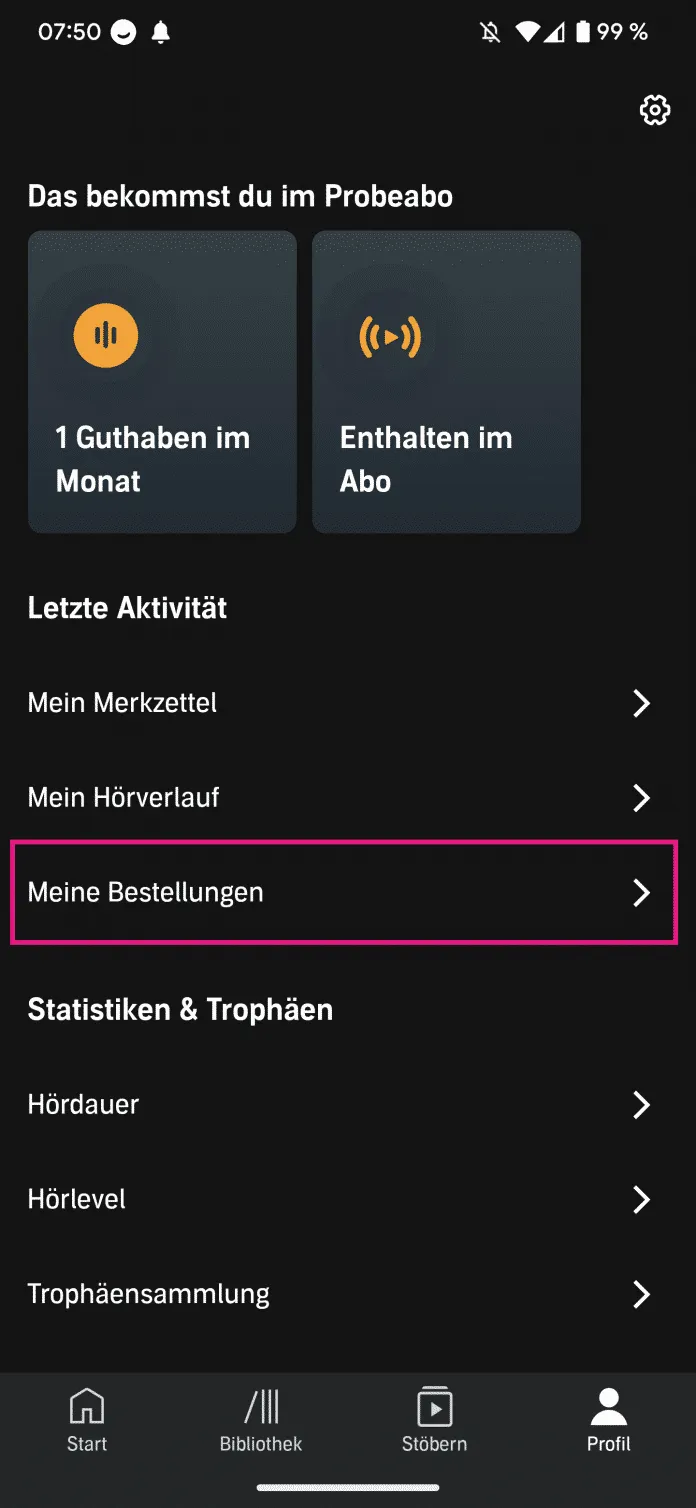 Audible App: Navigation zum Profilbereich und zu „Meine Bestellungen“