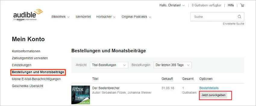 Audible Jetzt zurückgeben
