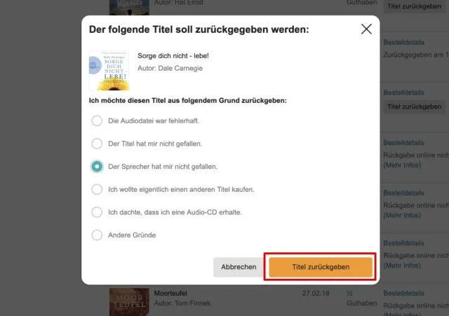 Audible Titel zurückgeben