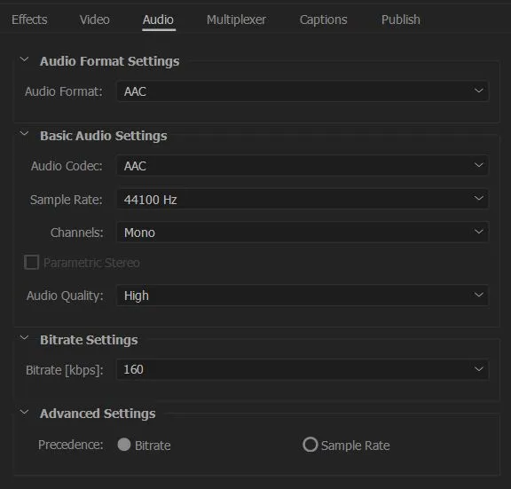 Audio-Einstellungen für den Instagram-Export: AAC Codec und 44100 Hz Abtastrate