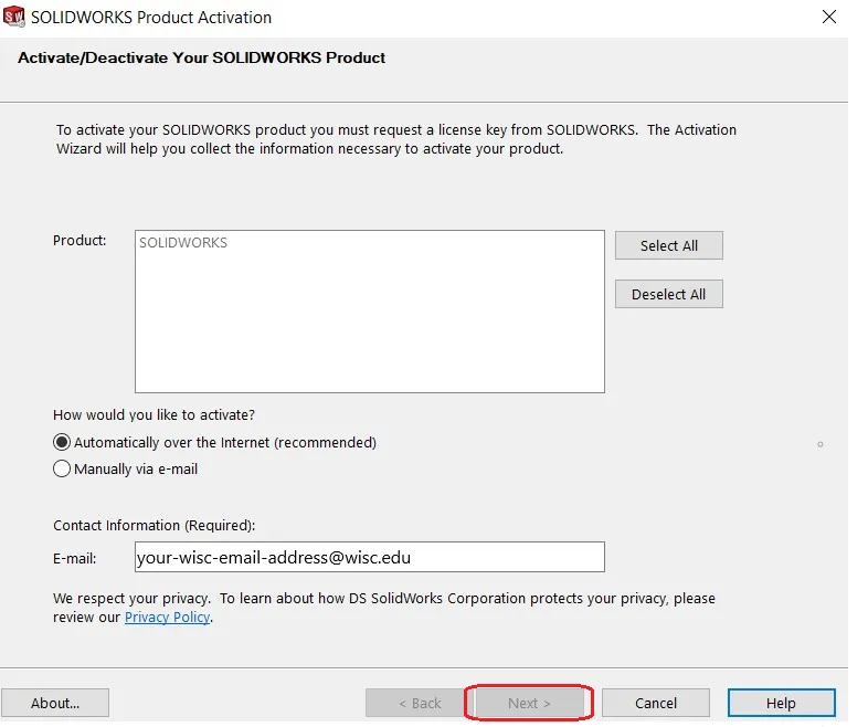 Auswahl der Aktivierungsmethode für SolidWorks über das Internet
