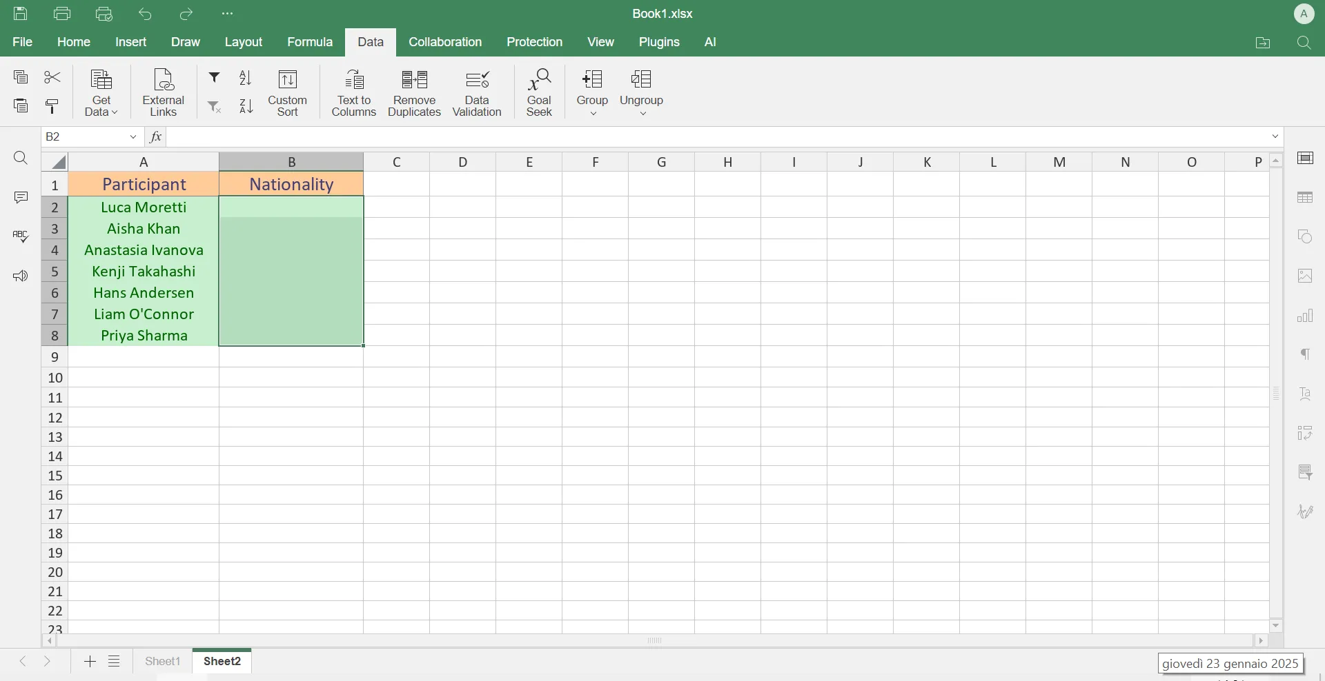 Auswahl der Datenüberprüfung im Menüband von ONLYOFFICE Spreadsheet Editor