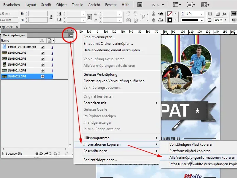 Auswahl der Linkinformationen: Vollständiger Pfad und Details in InDesign