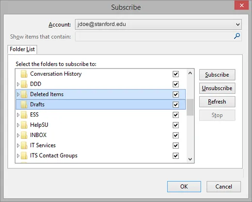 Auswahl der zu abonnierenden Ordner wie Entwürfe, Gelöschte Elemente und Gesendete Elemente in Thunderbird