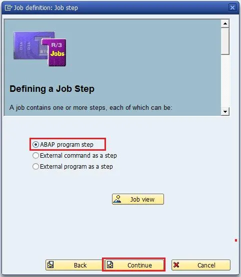 Auswahl des ABAP-Programmschritts im SAP Job-Wizzard