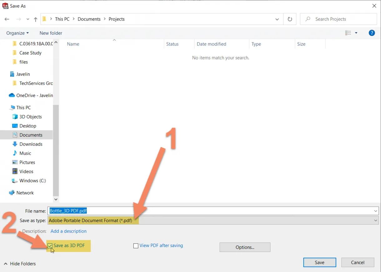 Auswahl des Dateityps PDF und Aktivierung der Option &quot;Als 3D PDF speichern&quot; in SOLIDWORKS