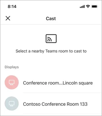 Auswahl des gewünschten Teams Rooms für die mobile Übertragung in der Teams App
