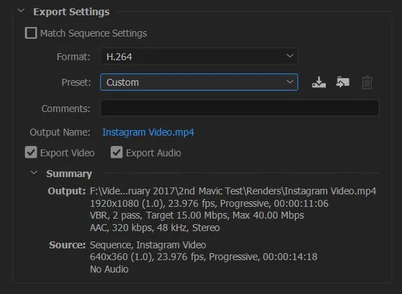 Auswahl des H.264 Videoformats für den Instagram-Export in Premiere Pro