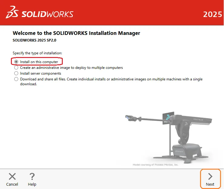 Auswahl des Installationstyps für SolidWorks
