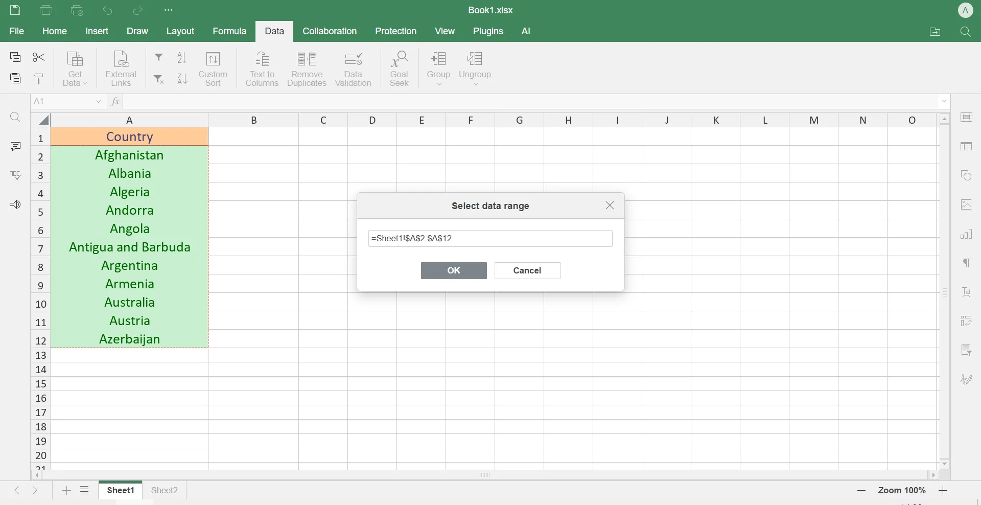 Auswahl des Quellbereichs für eine Dropdown-Liste in ONLYOFFICE Excel-kompatibler Software