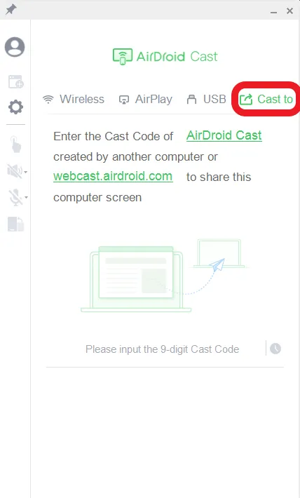 Auswahl des Tabs 'Auf Gerät übertragen' in der AirDroid Cast App