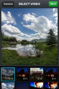 Auswahl des Videos aus der Camera Roll in der Instagram App zum Upload