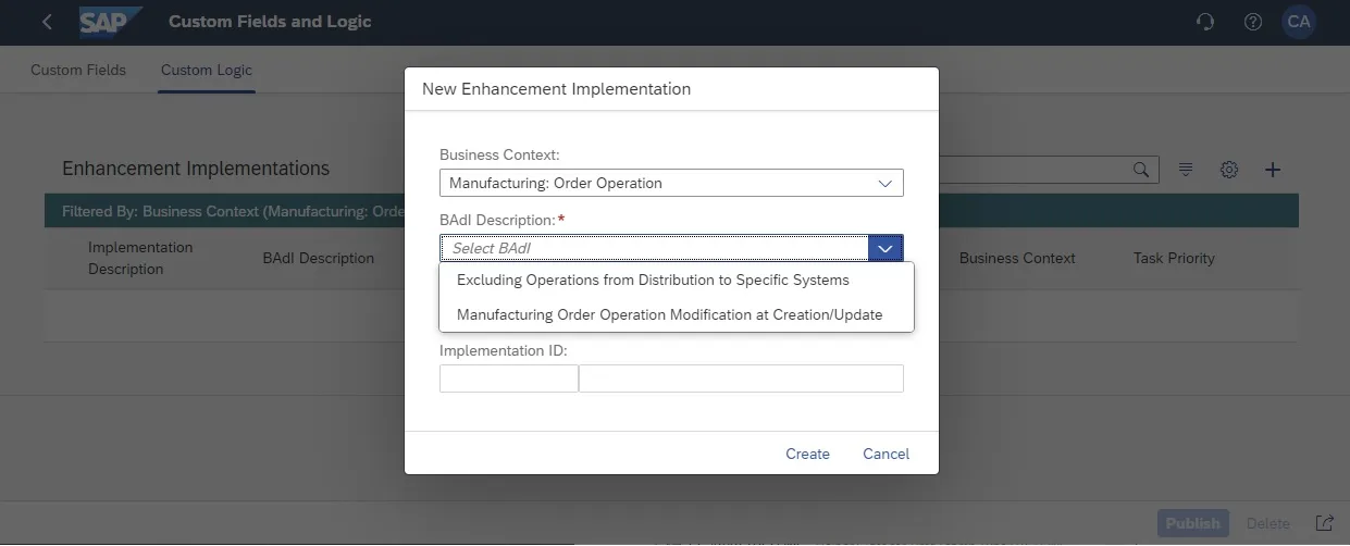 Auswahl des zu implementierenden BAdI in der Custom Logic App