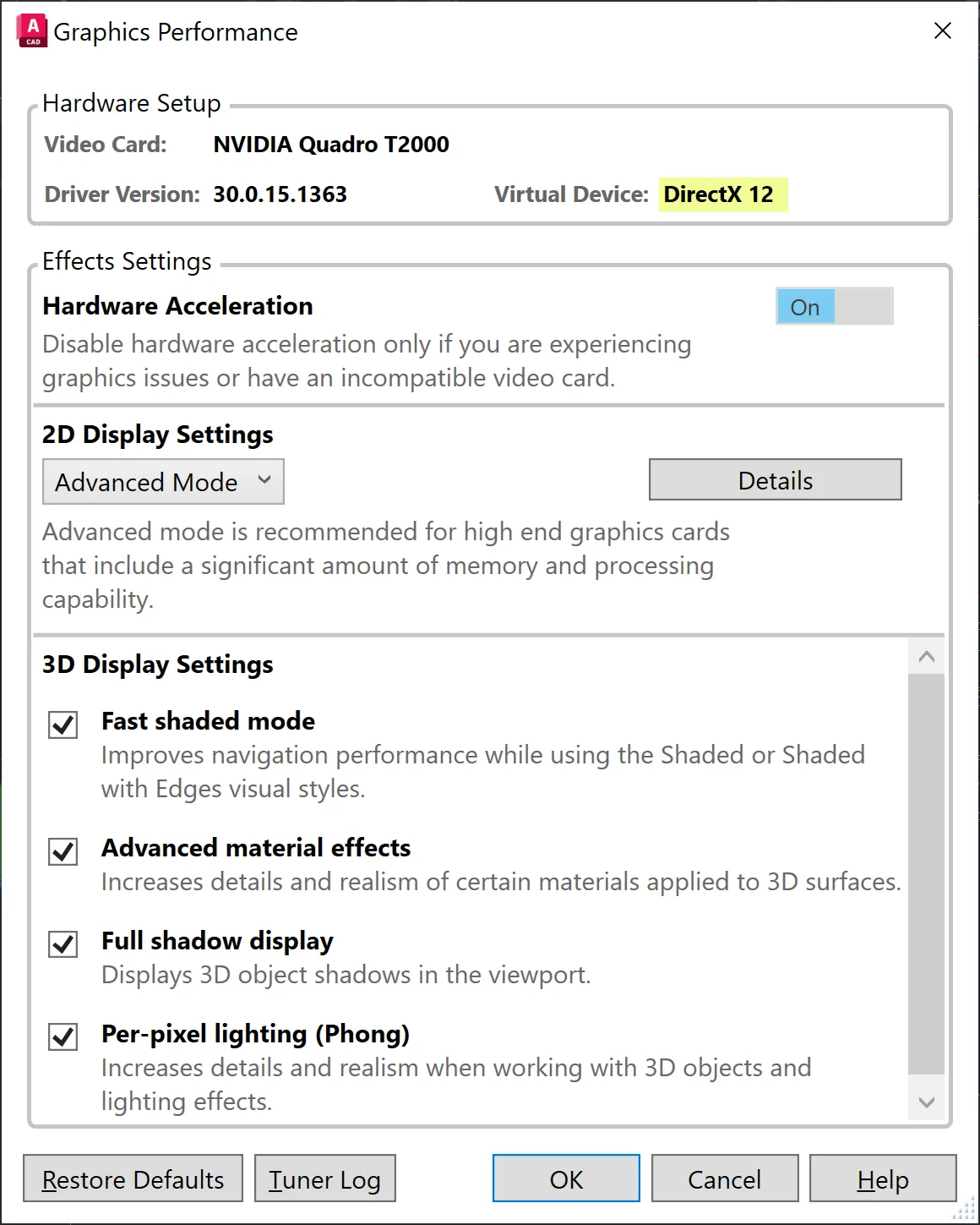 AutoCAD 3DCONFIG Dialogfeld mit DirectX 12 Status