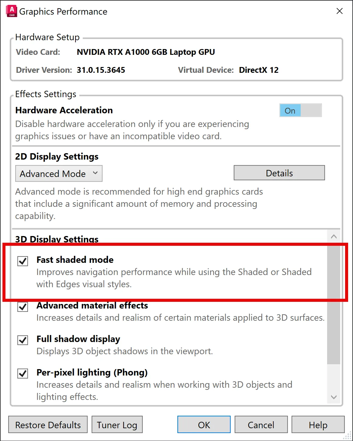 AutoCAD Grafikleistungsdialog mit FASTSHADEDMODE Option