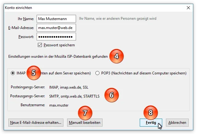 Automatisch gefundene IMAP Server-Einstellungen für ein E-Mail-Konto in Thunderbird