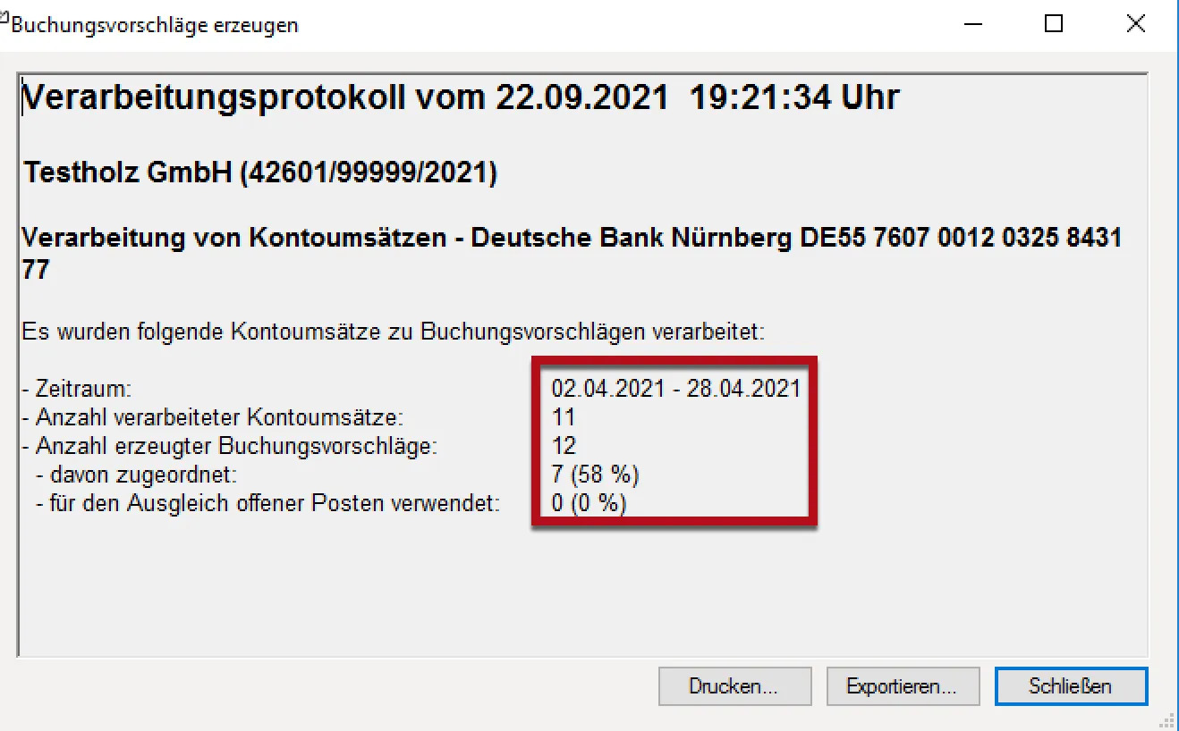 Automatisierungsprotokoll des DATEV Kontoauszugsmanagers mit Effizienzquote