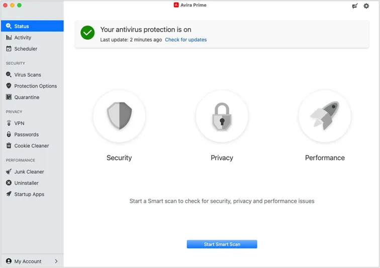 Avira Antivirus Pro Hauptfenster auf macOS zeigt den aktuellen Schutzstatus und Scan-Optionen