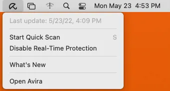 Avira Antivirus Pro Systemleistenmenü auf macOS für schnellen Zugriff auf Einstellungen und Schutzfunktionen