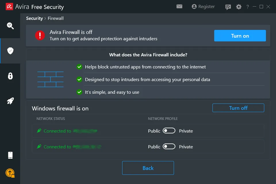 Avira Free Security user interface with settings for the Windows Firewall