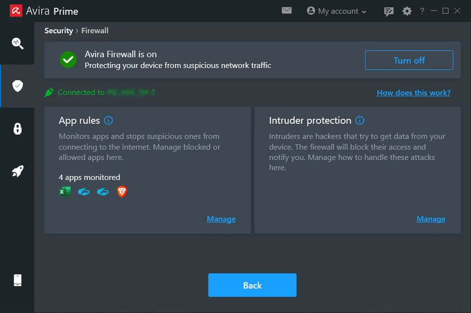 Avira Prime user interface with the setting options for the Avira Firewall