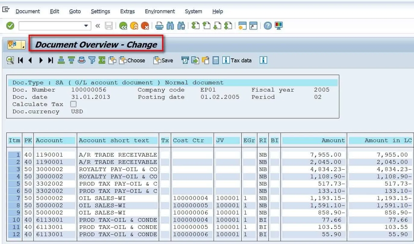 Bearbeitbare Felder einer Belegposition in SAP FB02 hervorgehoben