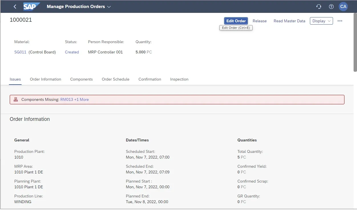 Bearbeiten eines Fertigungsauftrags aus der Übersicht in Manage Production Orders