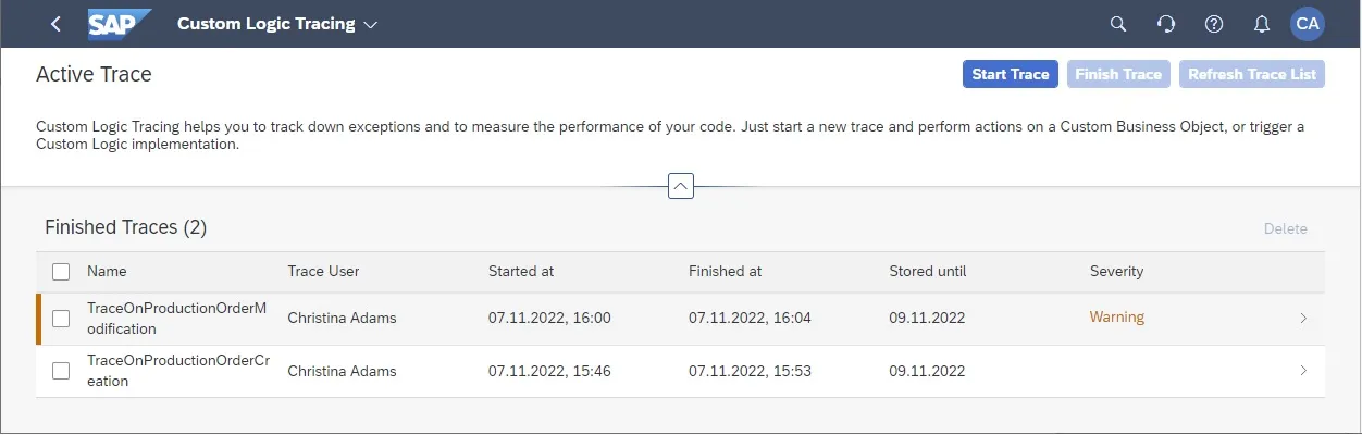 Beenden des Traces nach einer Auftragsänderung mit einer Warnmeldung