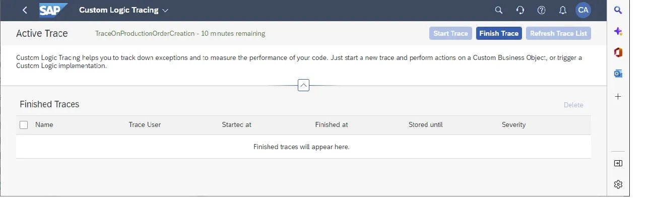 Beenden eines Traces nach der Erstellung eines Fertigungsauftrags