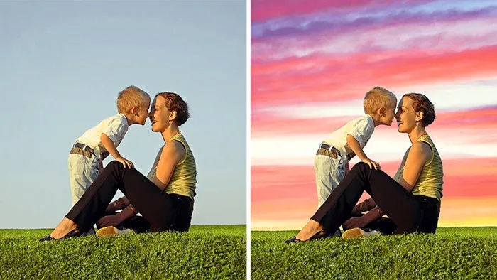 Beispiel einer animierten Himmels-Bearbeitung in Premiere Elements 2020, die einen statischen Himmel durch einen bewegten ersetzt.