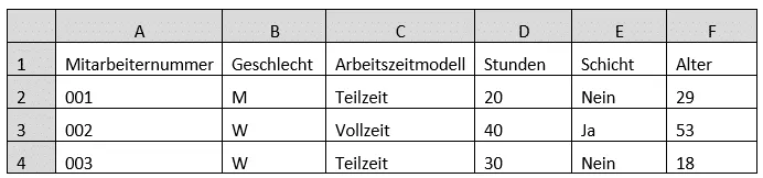Beispiel einer Excel-Tabelle mit Daten.