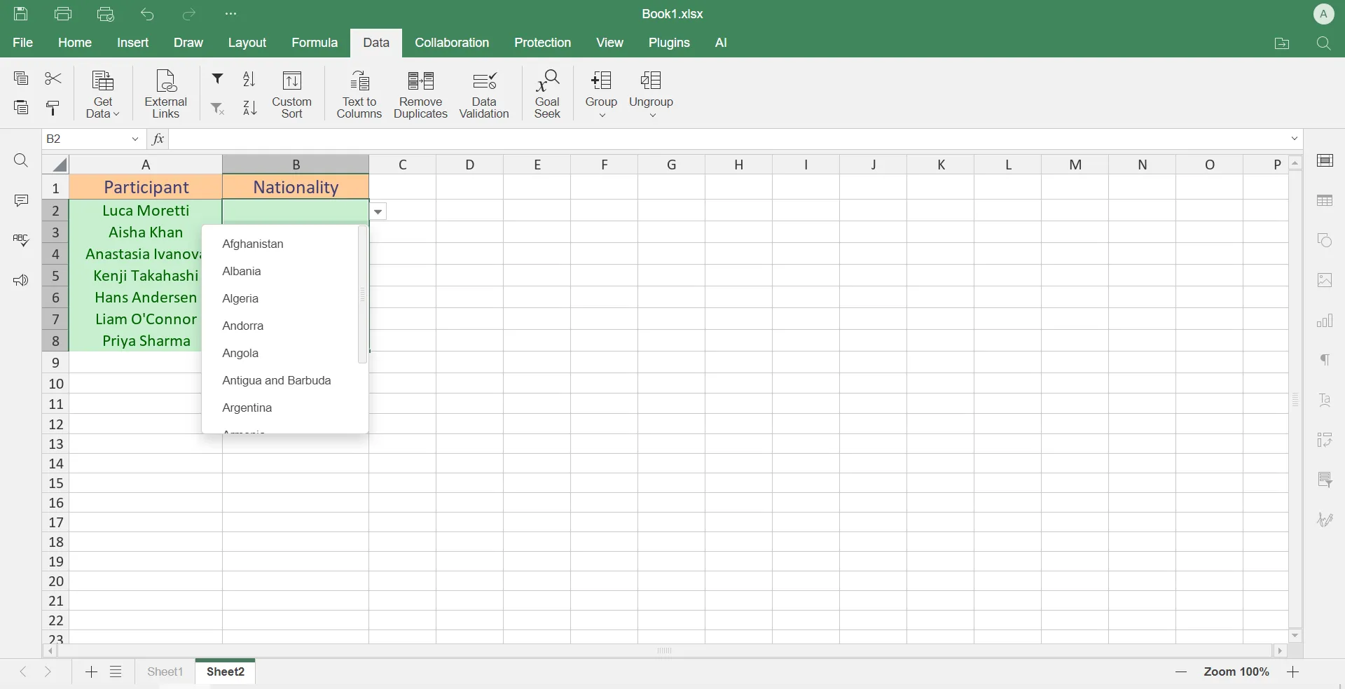 Beispiel einer funktionierenden Dropdown-Liste im ONLYOFFICE Spreadsheet Editor