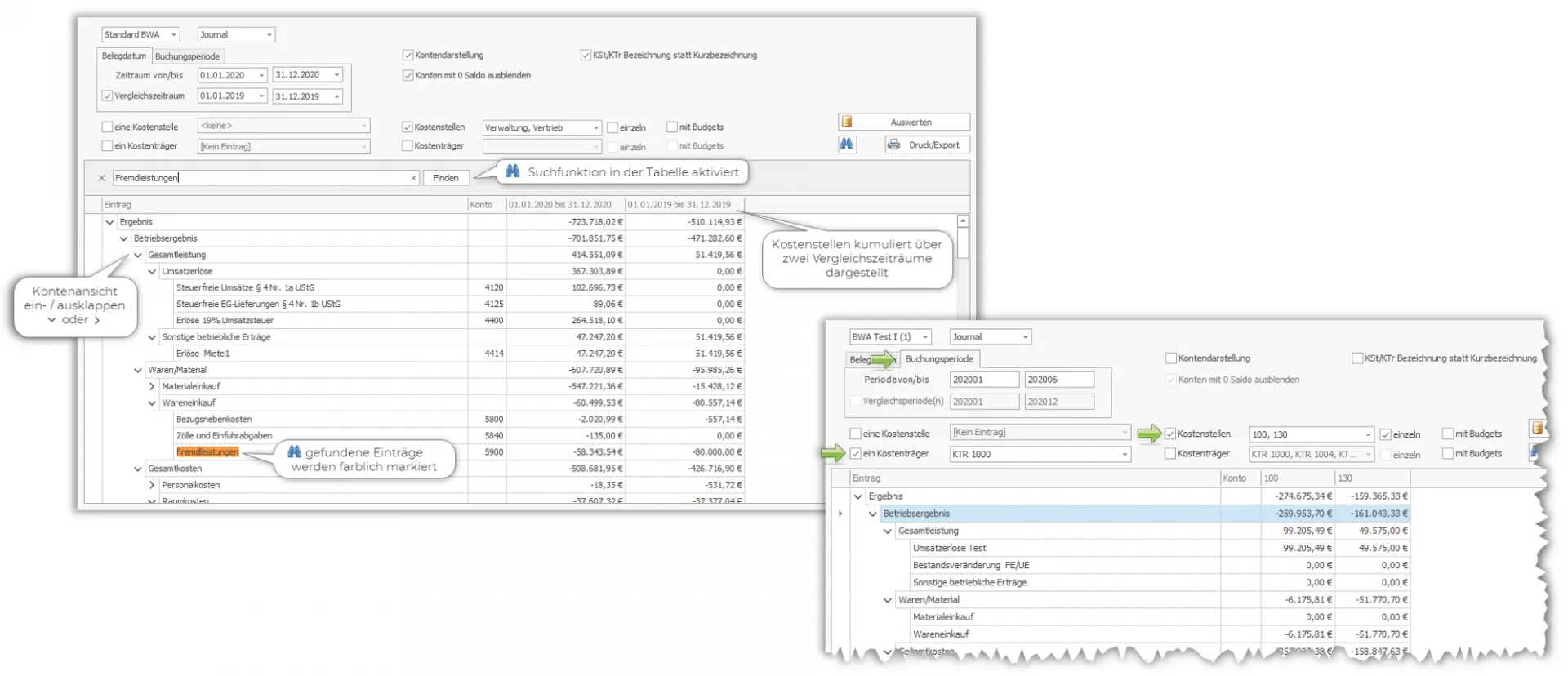 Beispiel einer umfassenden BWA-Auswertung nach Kostenstellen und Kostenträgern in Lexware