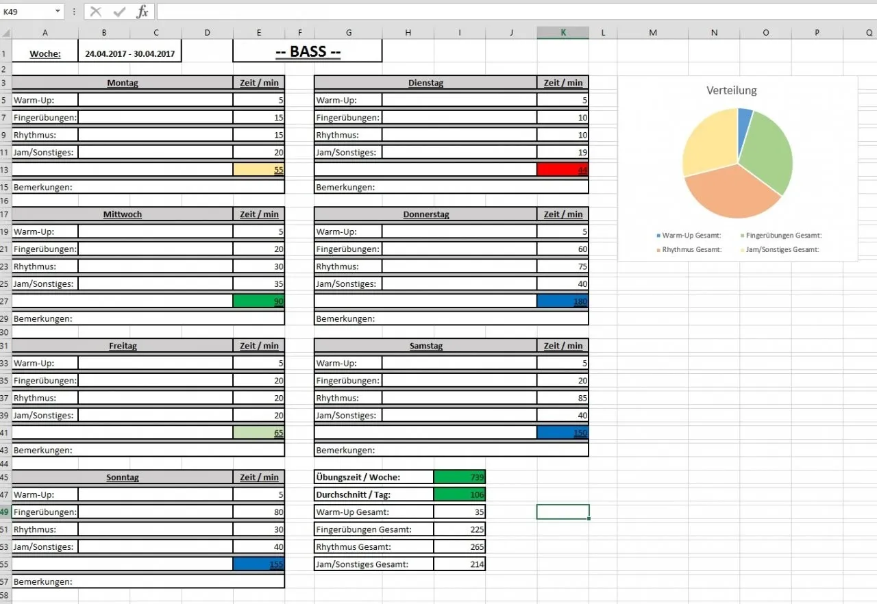 Beispiel einer wöchentlichen Übungszeit-Tabelle in Excel mit farbcodierter Zeiterfassung für Anfänger.