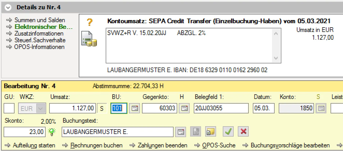 Beispiel eines gelb markierten Buchungsvorschlags mit Skonto im DATEV Kontoauszugsmanager